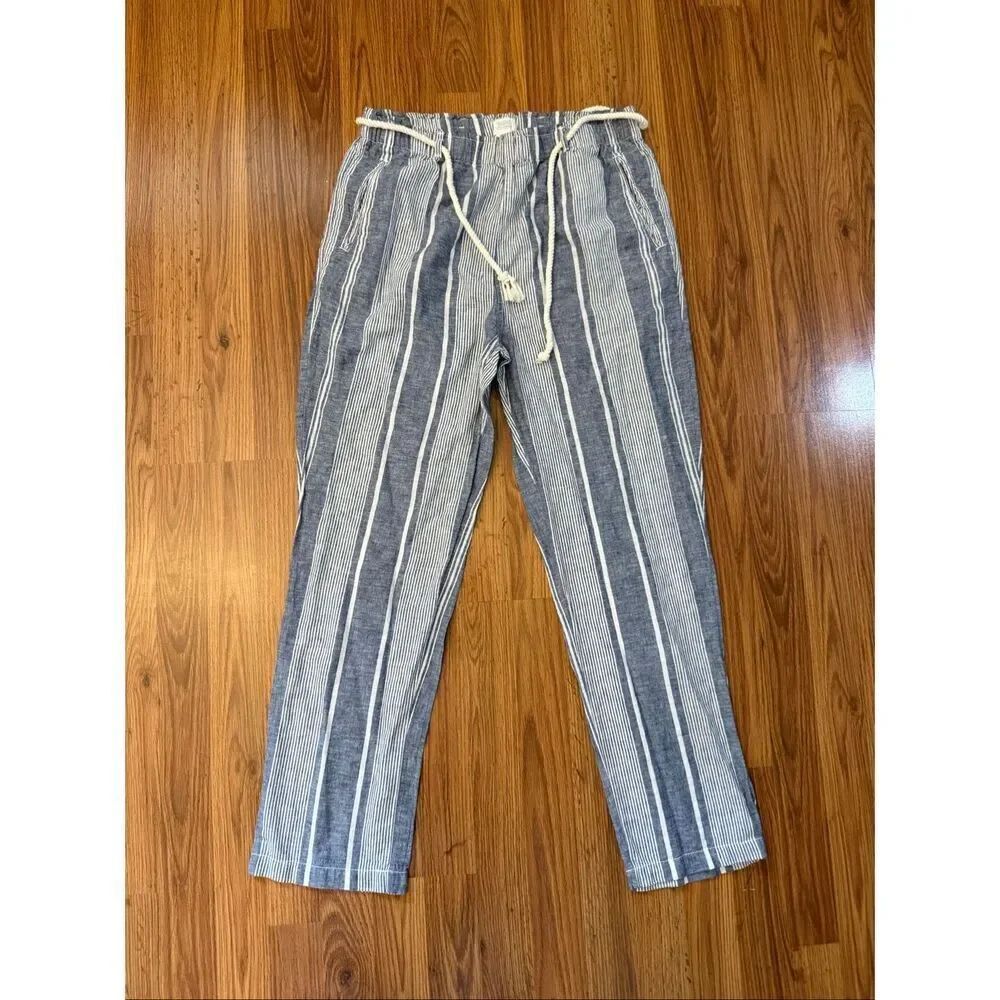 Sigrid Olsen Women's Linen Cotton Stripe Pull On Pants Blue White Size Large